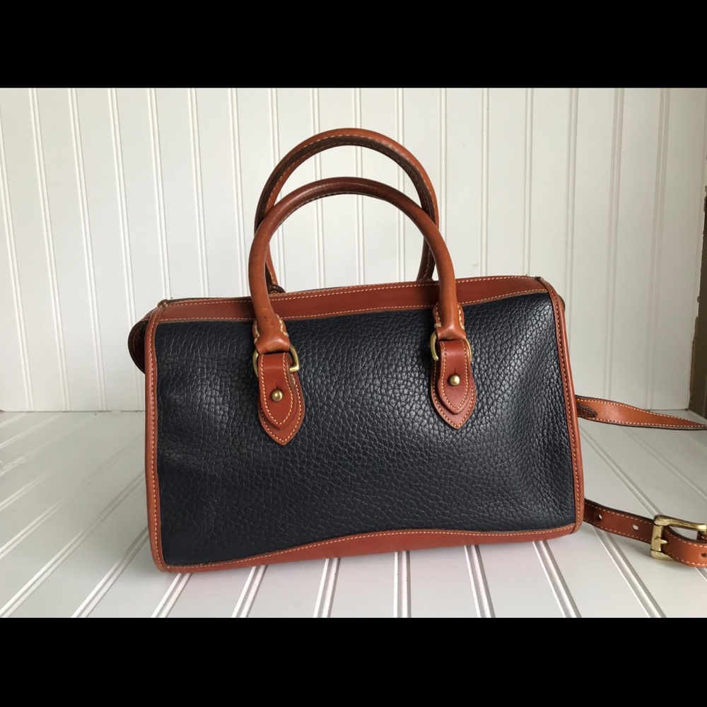 Navy and Brown Leather Handbag. Pics show use. Vintage lovers dream. - Picture 2 of 10